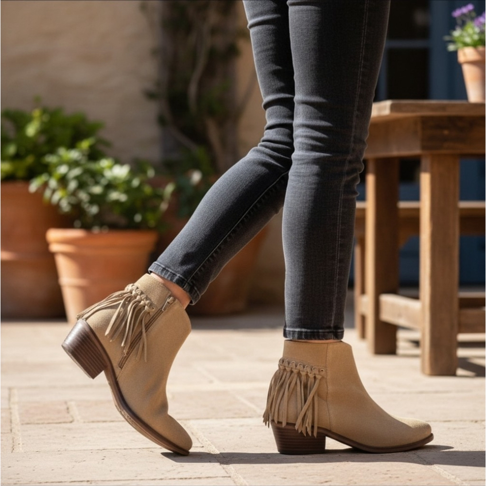 Michael Shannon Suede LEATHER Fringe Boho Western Block Bootie Boots 8.5 M Taupe